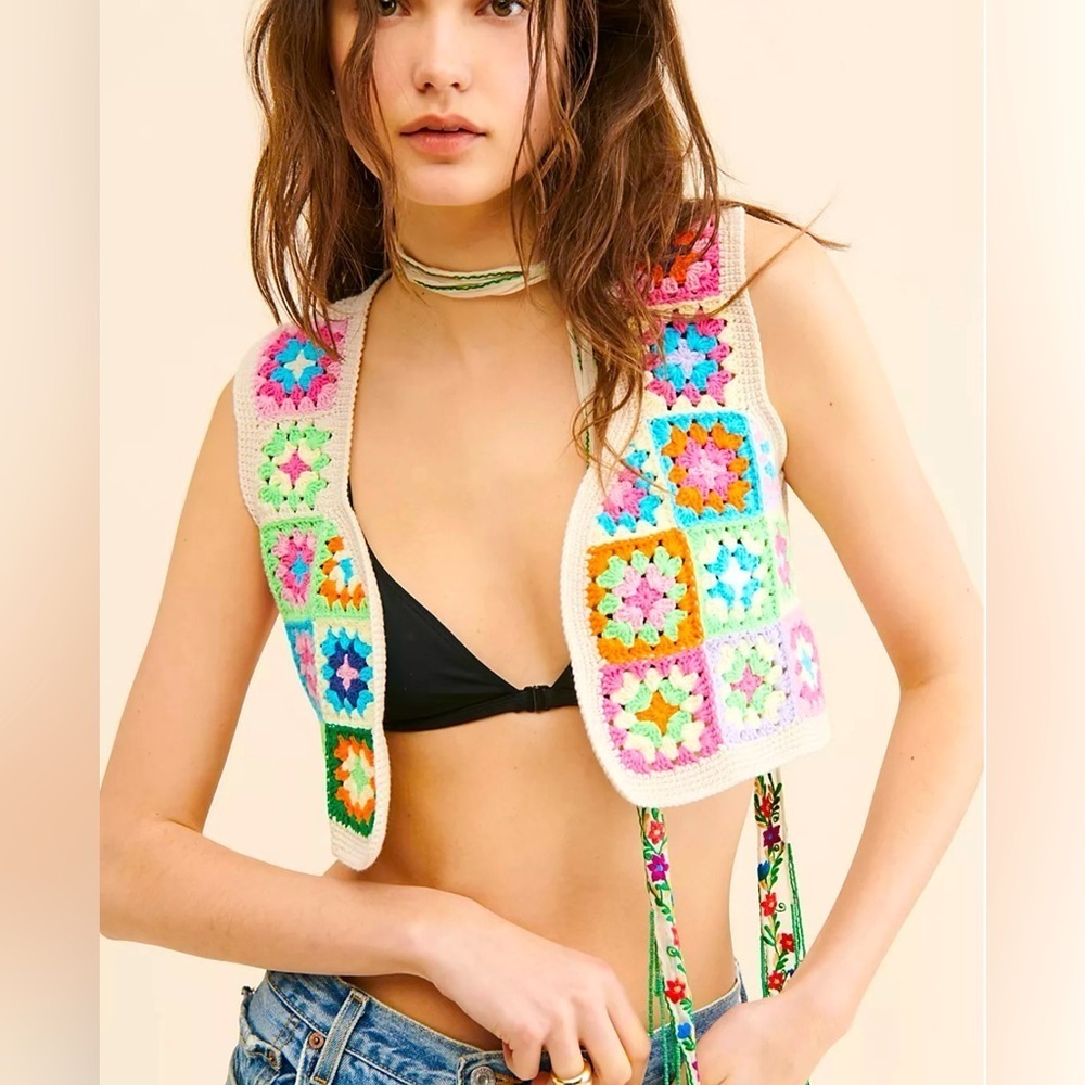 Society Mano Crochet Granny Square Vest S Festival Boho Rainbow Retro Fairycore